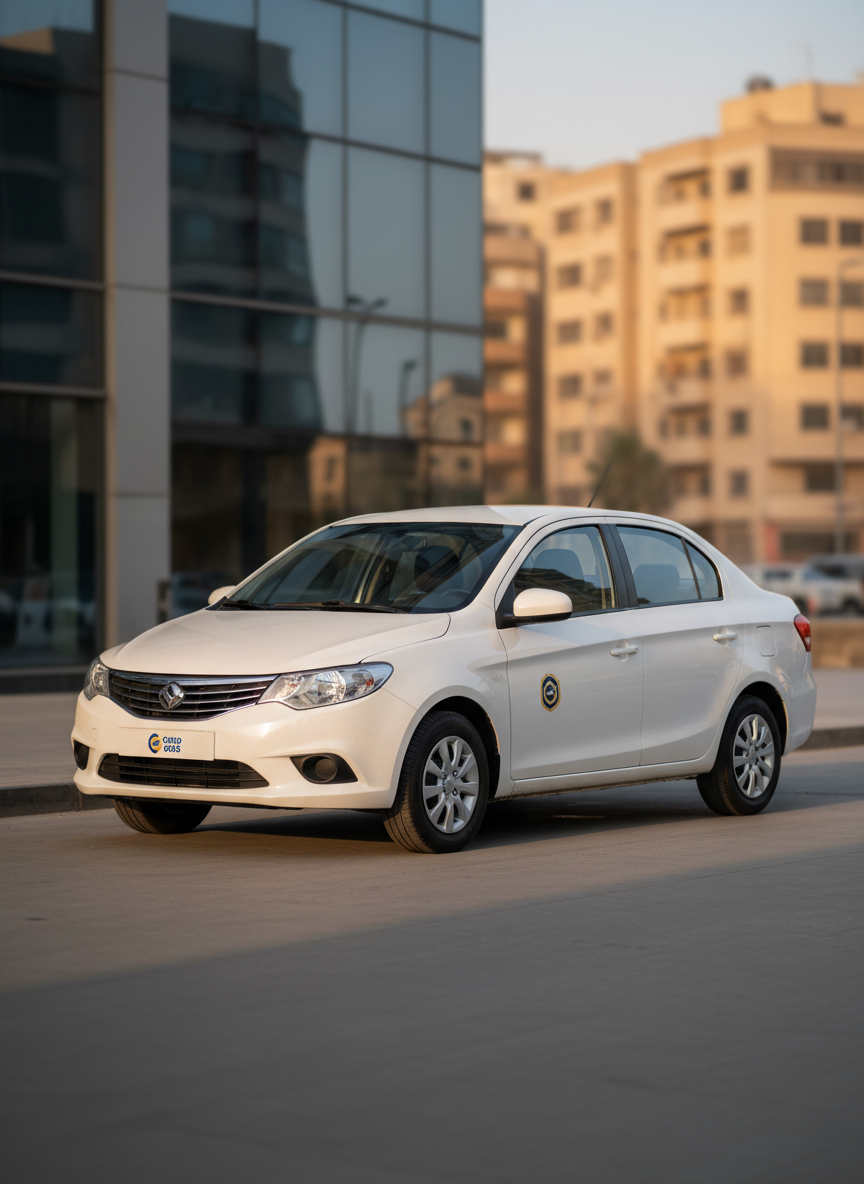 A sleek white compact rental car with a subtle metallic sheen, clean windows, and a small “Cairo Cab” logo on the door, parked neatly in front of a modern glass-fronted office. The car is positioned at a three-quarter angle, showcasing both the front grille and side profile. Late afternoon sunlight casts a warm, golden glow, creating gentle reflections on the car’s polished surface and soft shadows on smooth pavement. In the background, out-of-focus urban buildings hint at Cairo’s skyline without showing people. Photographic realism, eye-level composition with shallow depth of field, creating a professional, trustworthy, and approachable mood ideal for a car rental homepage hero image.