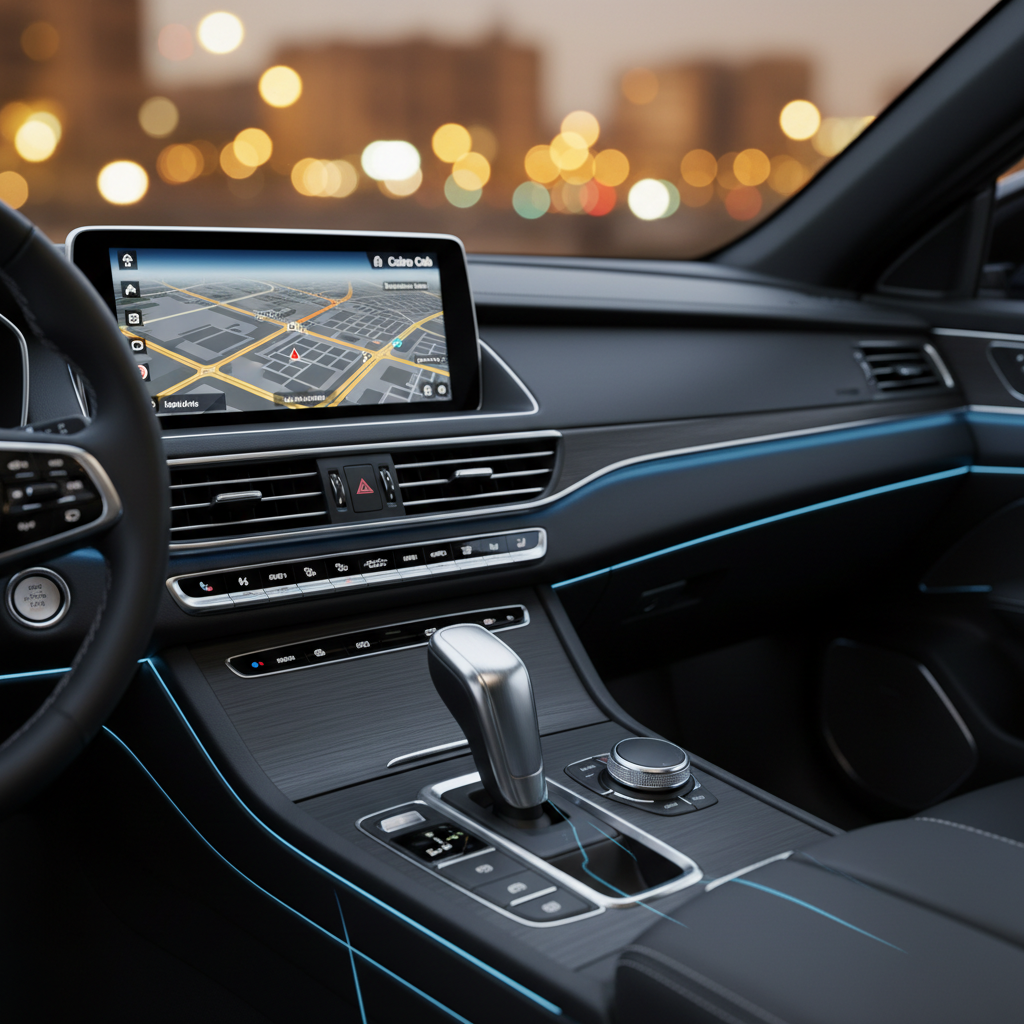 A close-up, photographic shot of a premium car’s center console inside a rental vehicle, showcasing a clean, dust-free matte black dashboard, a modern touchscreen navigation system open to a simple city route, and a polished gear selector with chrome accents. The camera is positioned from the passenger side, focusing on textures and details while the windshield reveals a softly blurred hint of Cairo’s city lights at dusk. Subtle ambient interior lighting and the cool glow of the screen create a refined contrast, casting delicate reflections on smooth surfaces. The mood is comfortable, modern, and slightly luxurious, highlighting the quality and reliability of Cairo Cab’s vehicles.