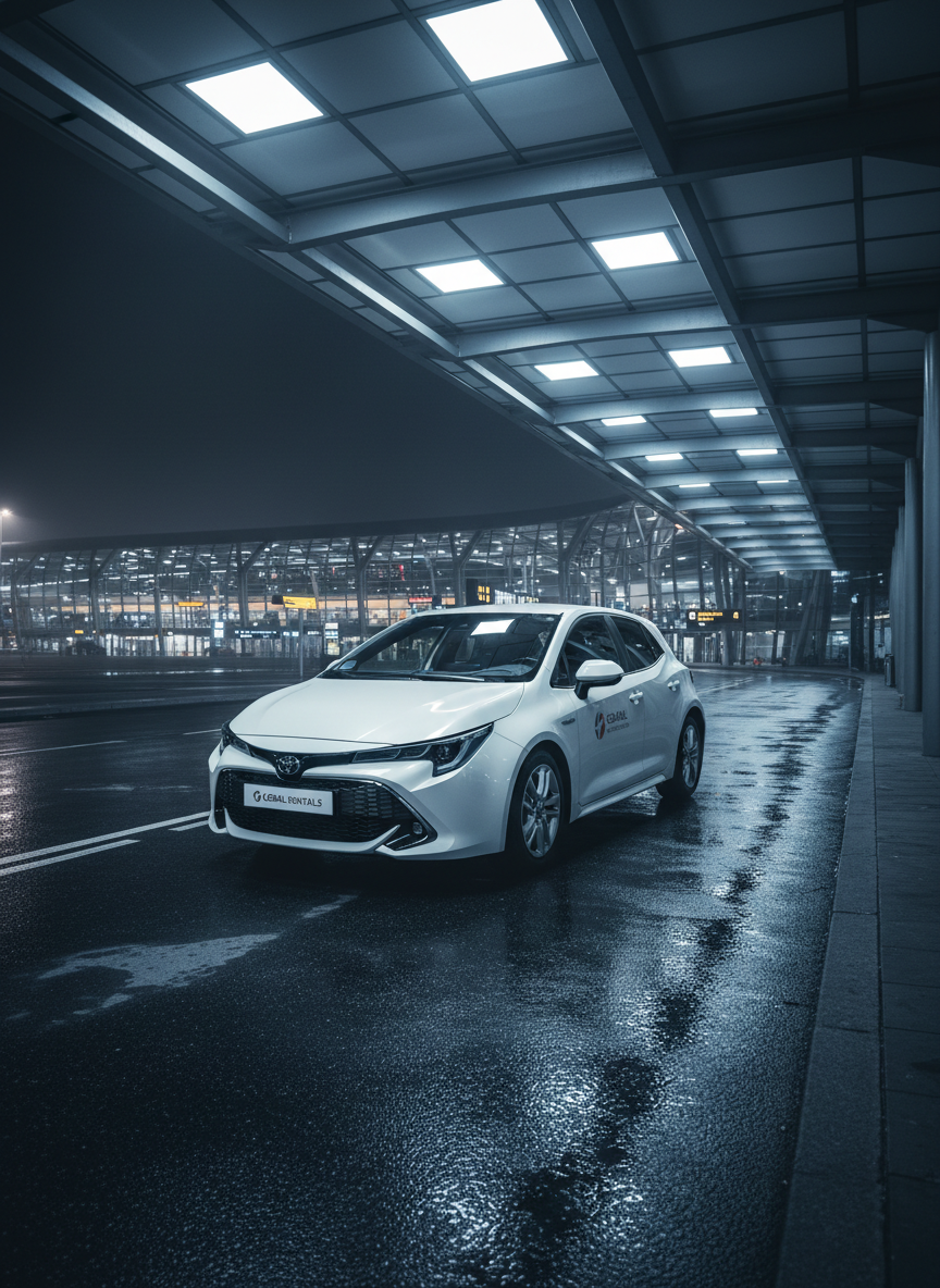 A nighttime scene of a compact white rental car parked under a modern, well-lit carport at an airport drop-off area, with overhead LED lighting casting bright, clean light and defined shadows around the vehicle. The car is centered in the frame, its surfaces reflecting structured lines of light from the canopy above. In the background, a glass terminal facade and signage appear softly blurred, hinting at travel without showing people. Photographic realism, shot from a slightly low angle to emphasize the car, with cool tones and subtle reflections on wet pavement, creating a dependable, always-available, and stress-free mood for late-night or early-morning pickups.