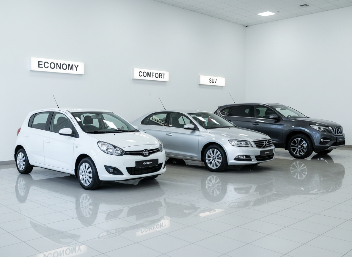 A well-lit indoor car showroom scene featuring three different rental vehicles aligned diagonally: a compact city car in pearl white, a mid-size silver sedan, and a dark gray SUV, all freshly washed with subtle reflections on their bodywork. They are parked on a clean, glossy light-gray floor, with minimalistic signage on the wall indicating categories like “Economy,” “Comfort,” and “SUV.” Cool, even overhead lighting creates soft highlights and controlled shadows beneath the cars. Captured at a slightly low angle with wide framing in photographic realism, the image emphasizes variety and choice, evoking a reassuring, professional, and orderly atmosphere suitable for a fleet overview section.