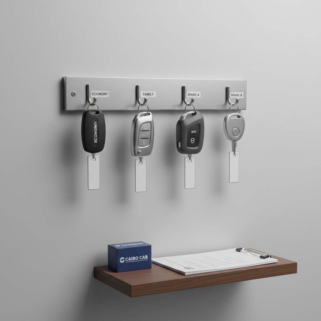 A detailed close-up of a clean, metallic key rack mounted on a smooth, light-gray wall, each hook holding a clearly labeled car key fob with minimalist white tags indicating categories such as “Economy,” “Family,” and “SUV.” The rack is positioned above a narrow console shelf holding a small Cairo Cab-branded box and a neatly stacked set of vehicle documents. Soft, even studio-style lighting creates crisp shadows beneath each key, emphasizing order and reliability. Photographic realism with a straight-on composition and sharp focus throughout conveys organization, security, and professionalism for a section highlighting fleet management and reliability.