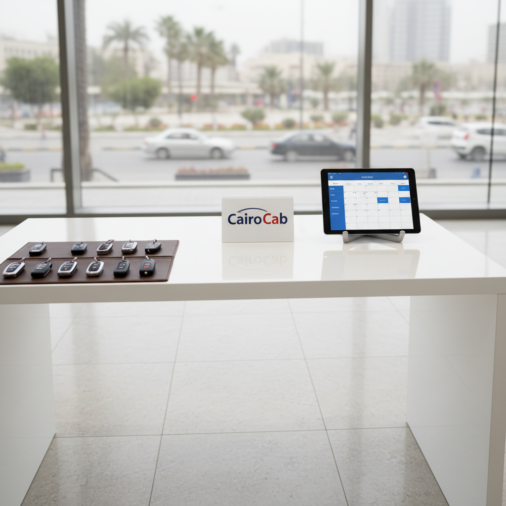 A bright, modern car rental desk with a minimalist white counter featuring a small, upright “Cairo Cab” branded sign, a sleek tablet displaying a clean booking calendar interface, and neatly arranged key fobs on a dark leather mat. The environment is a contemporary office lobby with light stone flooring and large windows revealing a softly blurred city street outside. Diffused daylight fills the space, emphasizing clarity and order, with subtle reflections on glass and metal accents. Shot from a slightly elevated angle in photographic realism, with sharp focus on the desk elements and a gentle bokeh in the background, the atmosphere feels efficient, organized, and highly professional.