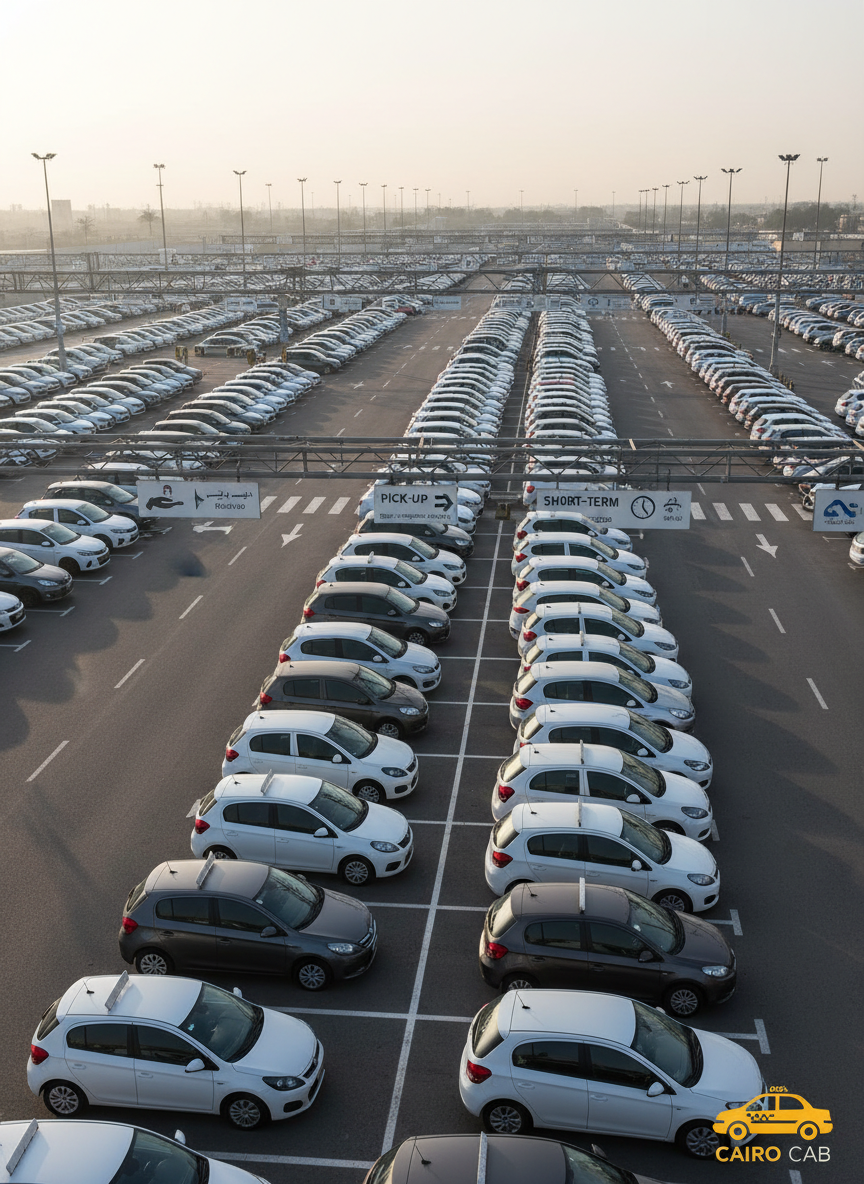 A wide, photographic shot of a spacious parking area with neatly arranged rental cars: compact hatchbacks, sedans, and SUVs in neutral colors like white, silver, and dark gray, all aligned in perfectly straight rows. Clear overhead signage with simple icons indicates sections such as “Pick-Up,” “Return,” and “Short-Term.” The scene is captured under soft morning daylight, with long, gentle shadows stretching across clean asphalt marked with crisp white lines. Shot from a high, slightly angled viewpoint with sharp focus across the entire frame, the mood is orderly, efficient, and highly organized, suitable for illustrating the ease of pickup and return with Cairo Cab.